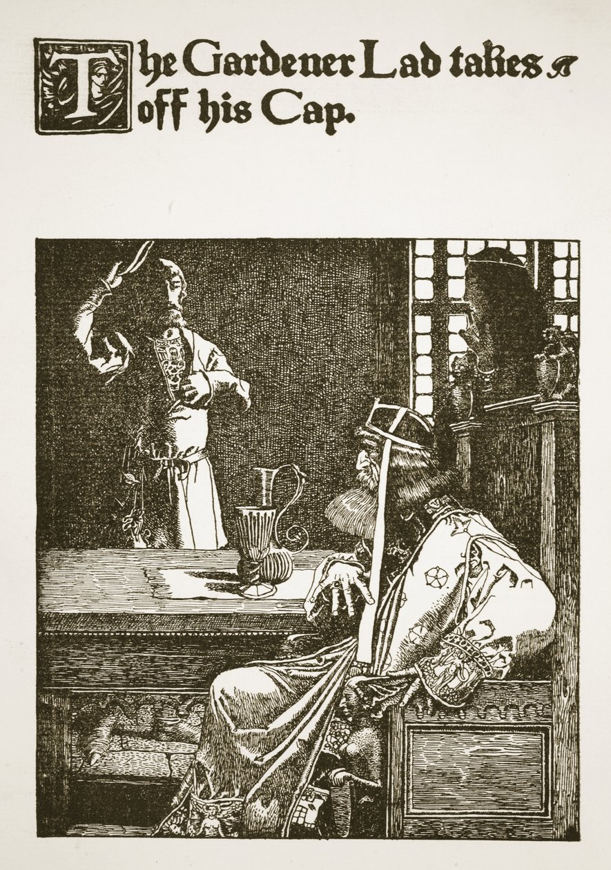 1903年，园丁小伙子摘下了他的帽子，插图来自“亚瑟王的故事和他的骑士” 作者 霍华德·派尔