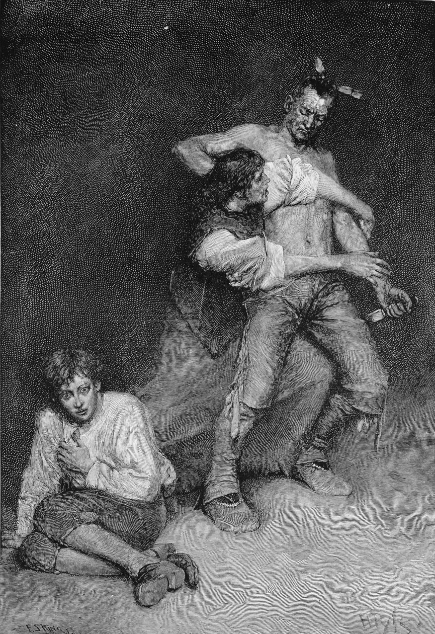 女人强烈地转向酋长，由弗朗西斯·斯科特·金（Francis Scott King）雕刻，来自酒吧Edmund Kirke的“The Southern Gateway to the Alleghanies”。在哈珀杂志，1887年 作者 霍华德·派尔