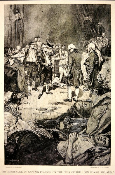 1779年，皮尔逊船长在 "邦霍姆-理查德 "号的甲板上向约翰-保罗-琼斯投降（石印）。 作者 霍华德·派尔