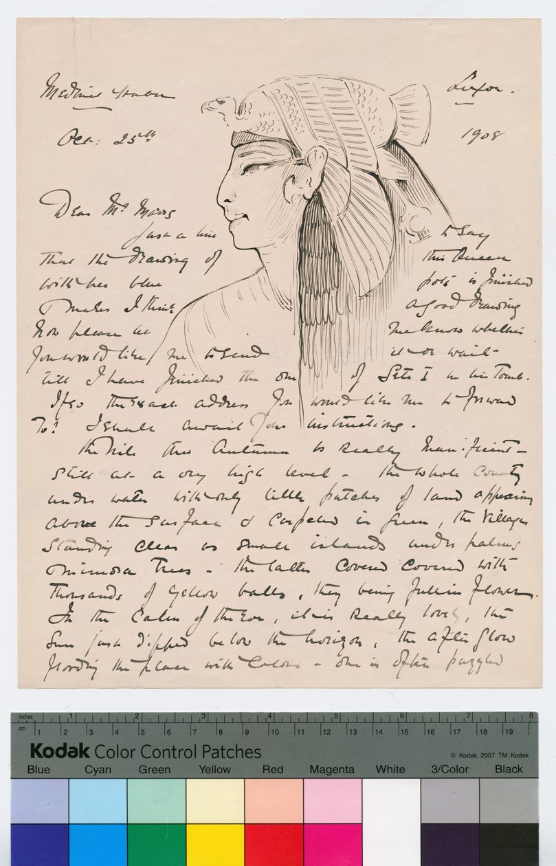 霍华德·卡特（Howard Carter）致金斯米尔·马尔斯（Kingsmill Marrs）的一封信的第一页，1908年10月25日（纸笔和墨水） 作者 霍华德·卡特
