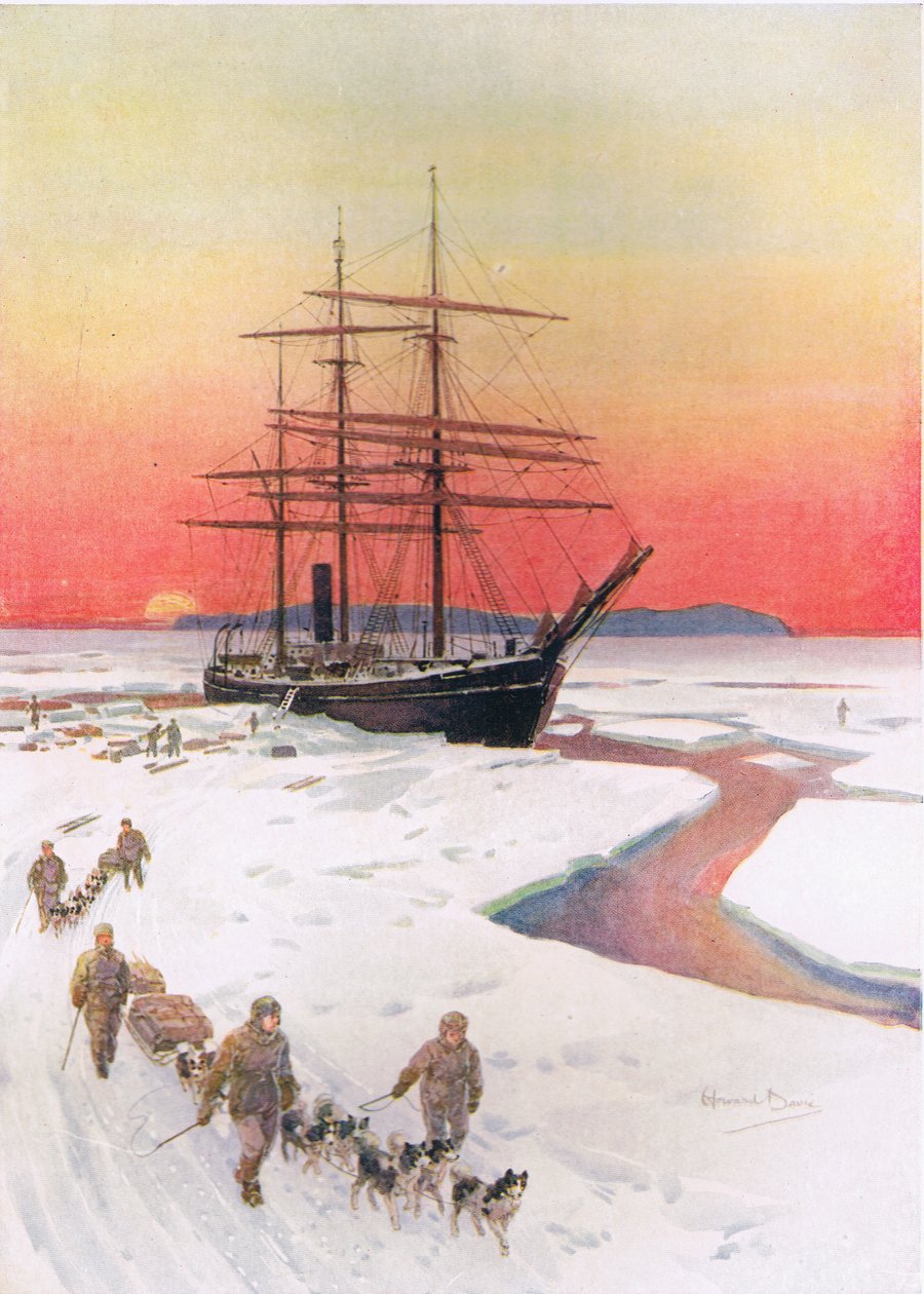 “在麦克默多湾卸载 Terra Nova”，插图来自 C. Sheridan Jones 的《勇敢者的勇敢事迹》，酒吧。 1922（平版印刷） 作者 霍华德戴维