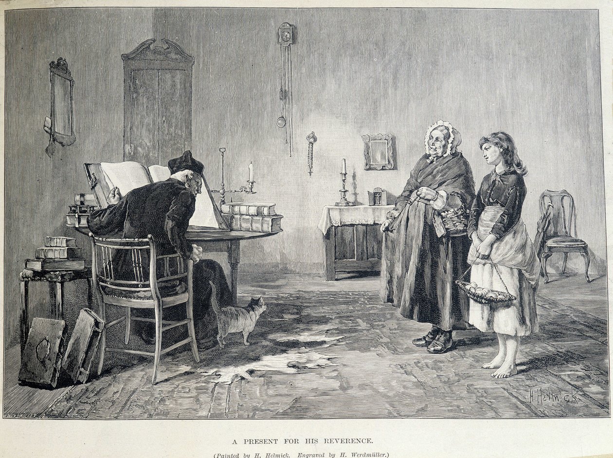 Two Irish women bring a present to a religious. Engraving by H. Werdmuller after the painting of H. Helmick in the 19th century. 作者 霍华德·赫尔米克