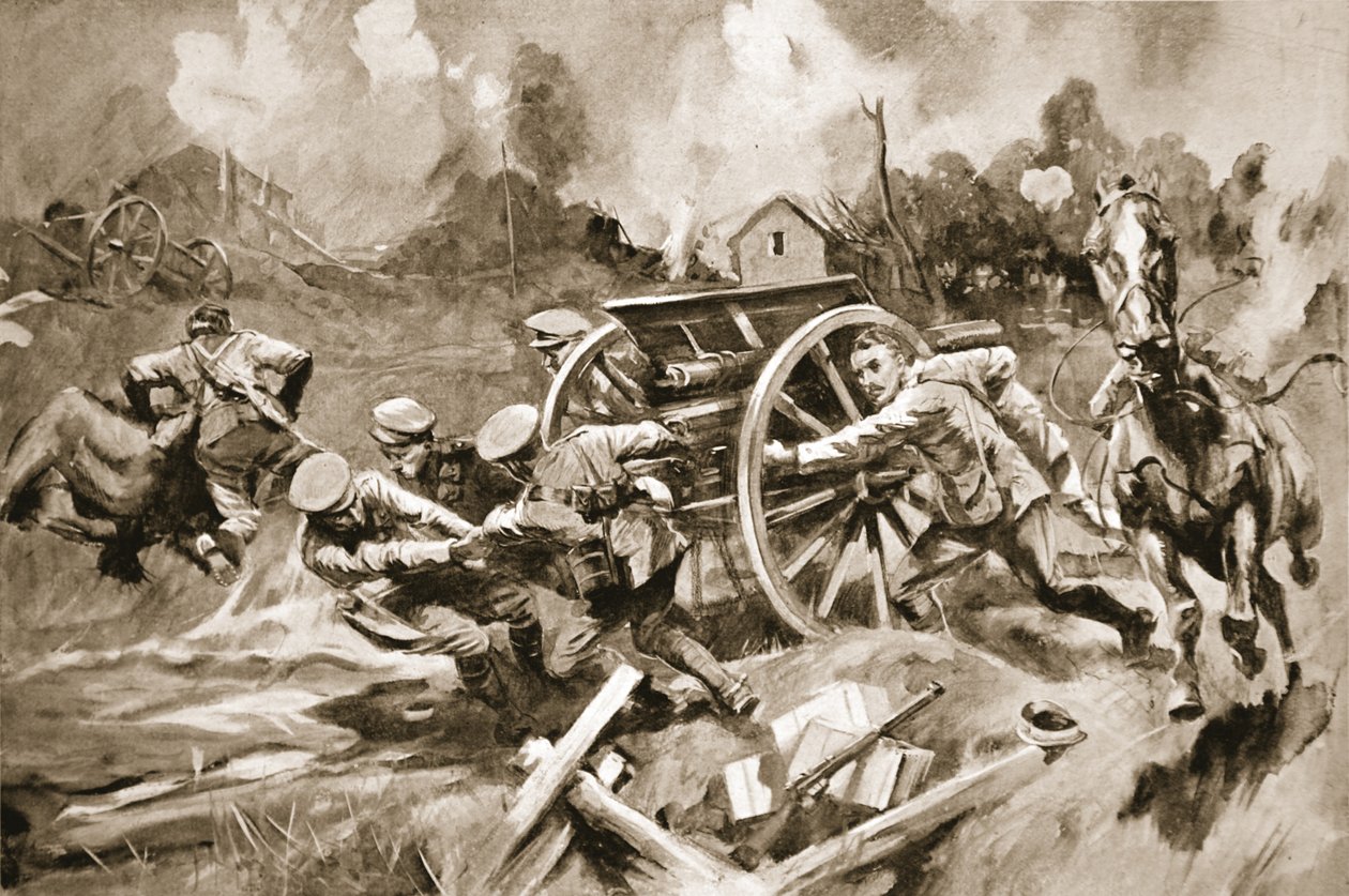 当指挥官受伤时，Farrier-Sergeant T. Harrison在炮火下从一个站不住脚的位置救出马匹和枪支 作者 霍华德·埃尔科克