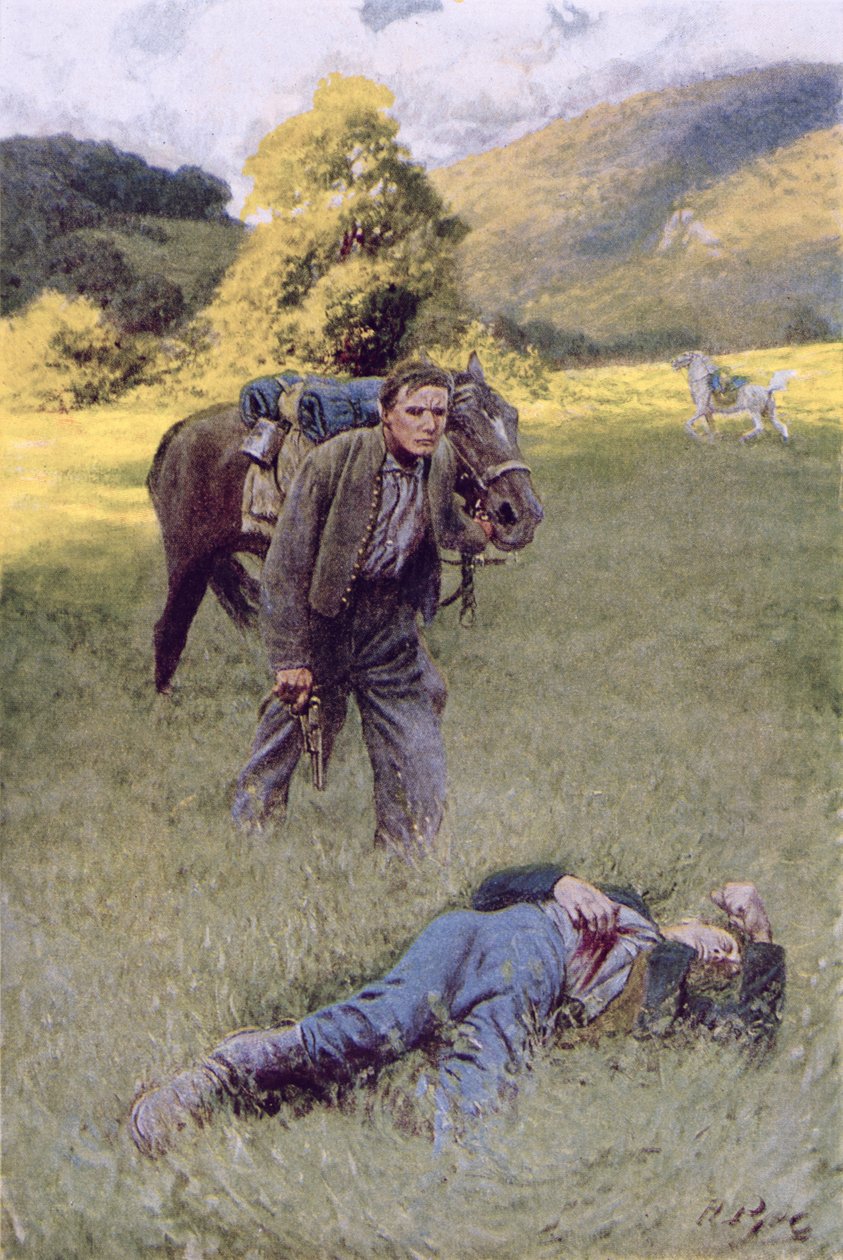 在一个伟大的阳光领域中间的孤独决斗，来自&39;Rowand&39;的插图由William Gilmore Beymer，酒吧。在哈珀杂志，1909年6月 作者 霍华德·派尔