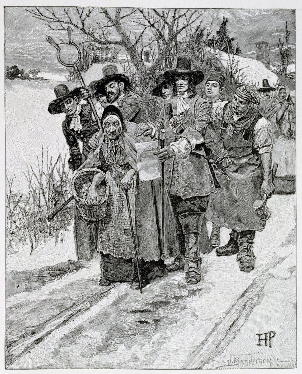 逮捕一个女巫，由J. Bernstrom雕刻，来自美国第二代英国人的插图由Thomas Wentworth Higginson，酒吧。在哈珀杂志，1883年 作者 霍华德·派尔