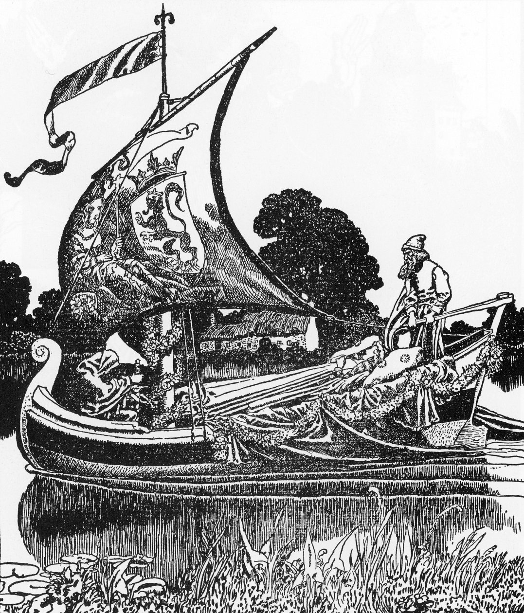 亚瑟王传奇：死者驳船带来了亚瑟王的尸体霍华德·派尔（Howard Pyle，1853-1911 年）绘制的插图，来自“兰斯洛特爵士和他的同伴们的故事”1907 年私人收藏 作者 霍华德·派尔
