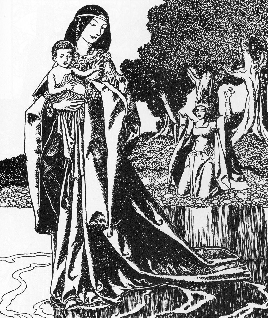 Arthurian Legend: la dame du Lac ableve Lancelot enfant (Lancelot is carried off by the Lady of the Lake) Illustration by Howard Pyle (1853-1911) from “The story of the champions of the round table”” 1903 Private collection   1440419   zh       chinese Suc 作者 霍华德·派尔