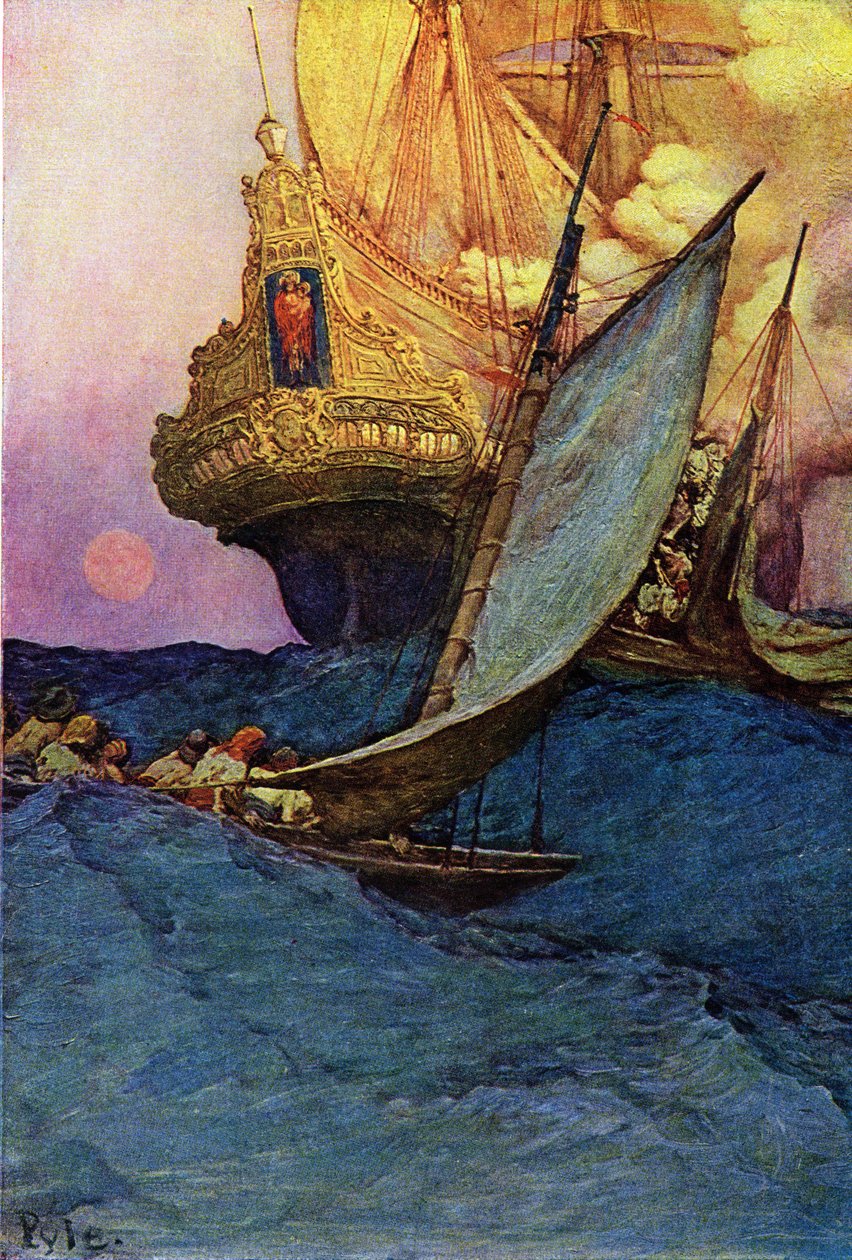 海盗袭击一艘大帆船。 美国插画家霍华德·派尔 (1853-1911) 所著的《西班牙美因海盗之书》(Buccaneers and Marooners) 作者 霍华德·派尔