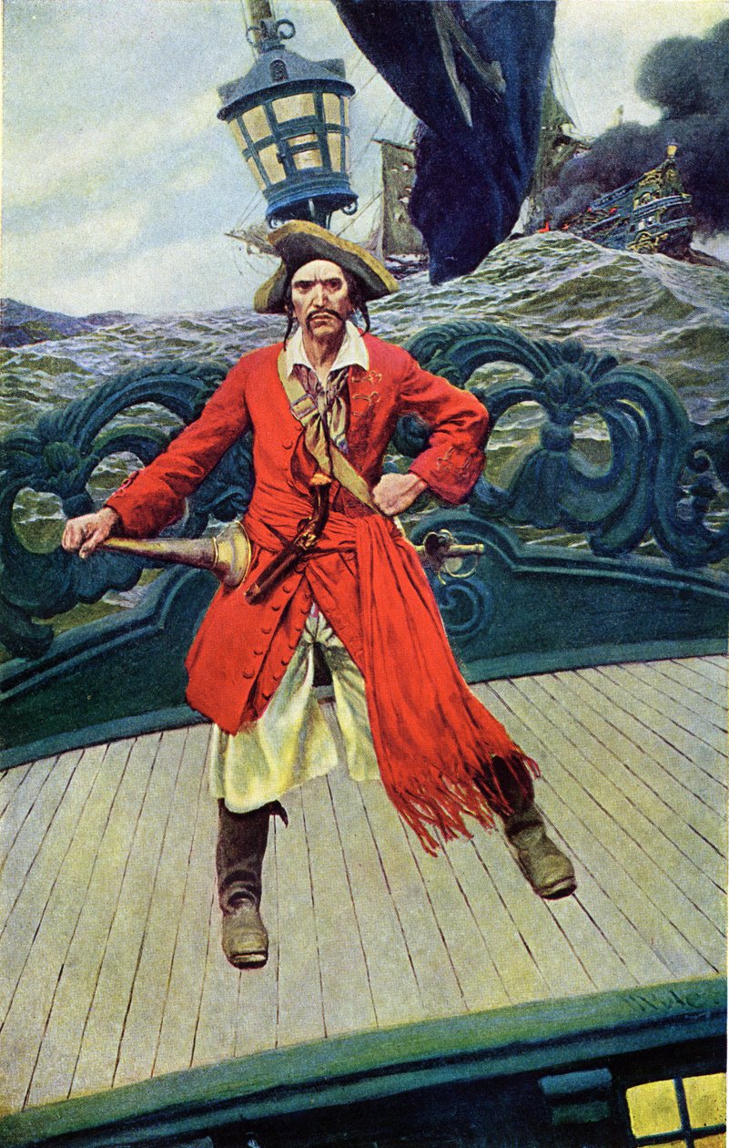 基思船长在他的船甲板上。 插图来自美国插画家 Howard Pyle（1853-1911 年）的“西班牙主要海盗海盗和 Marooners 之书” 作者 霍华德·派尔