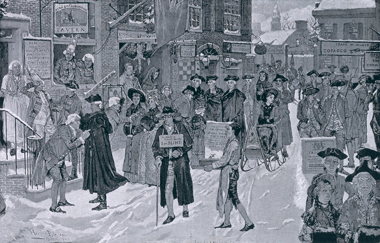 圣诞节早晨在老纽约在革命前，从Harper的每周，酒吧的例证。 1880年12月25日 作者 霍华德·派尔