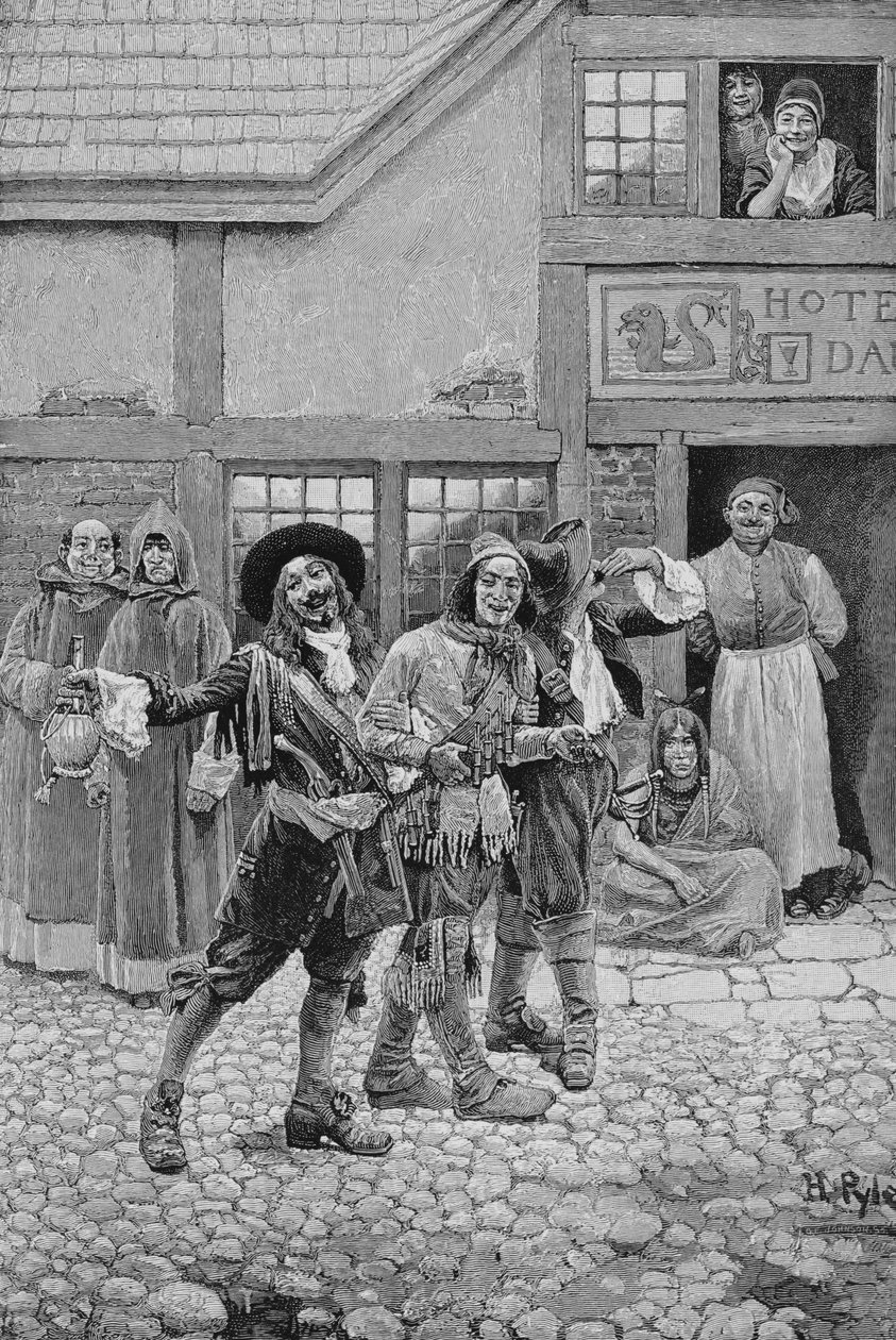 由乔治·约翰逊（Richard Johnson）雕刻的Coureurs de Bois，来自CH Farnham，酒吧的“加拿大旅行者在萨格奈（Saguenay）”的插图。在哈珀杂志，1888年 作者 霍华德·派尔