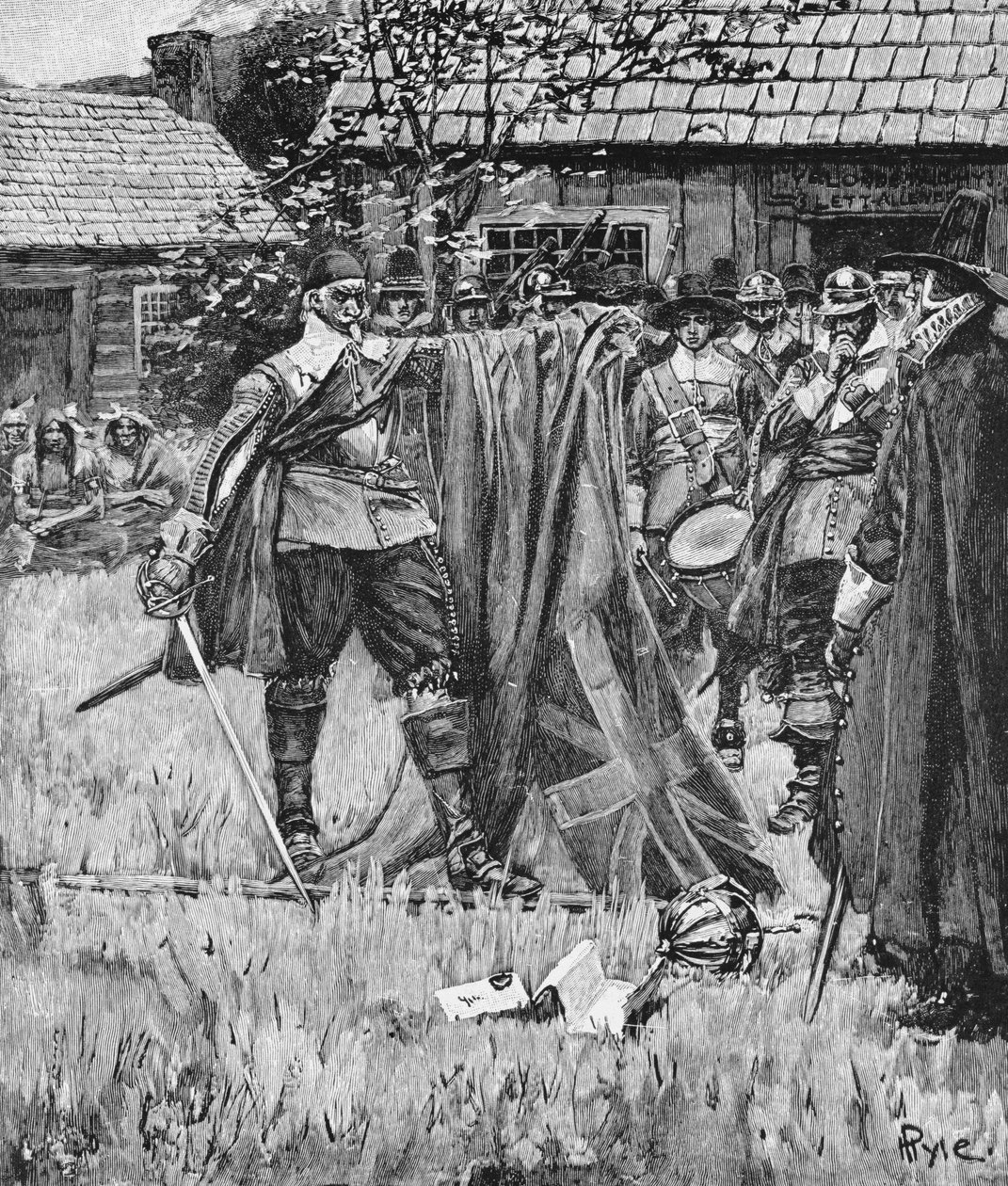 Endicott从英国国旗切出十字架，来自&39;An English Nation&39;的插图由Thomas Wentworth Higginson，酒吧。在哈珀杂志，1883年 作者 霍华德·派尔