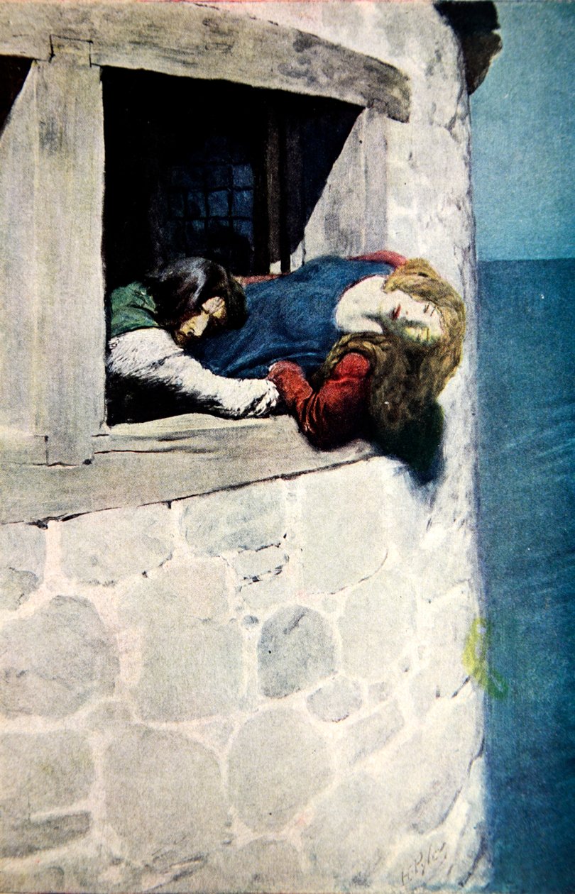 “她的头和肩膀悬挂在没有&39;的空间上，来自The Maid of Landevennec，pub。在哈珀杂志，1904年 作者 霍华德·派尔