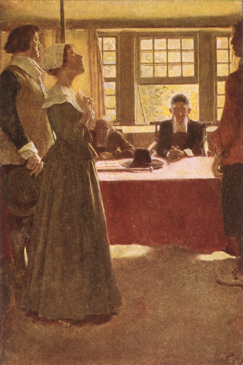 Mary Dyer在州长Endicott之前带来了来自酒吧的Basil King的&39;The Hanging of Mary Dyer&39;的插图。在麦克卢尔的杂志，1906年 作者 霍华德·派尔
