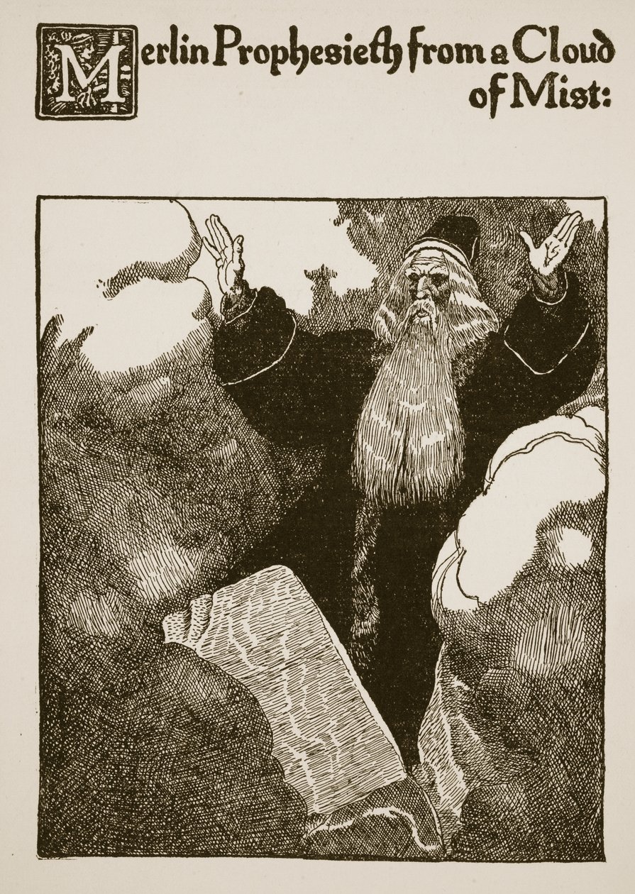 Merlin Prophesieth来自雾云，插图来自“朗塞洛爵士及其同伴的故事”，1907年 作者 霍华德·派尔