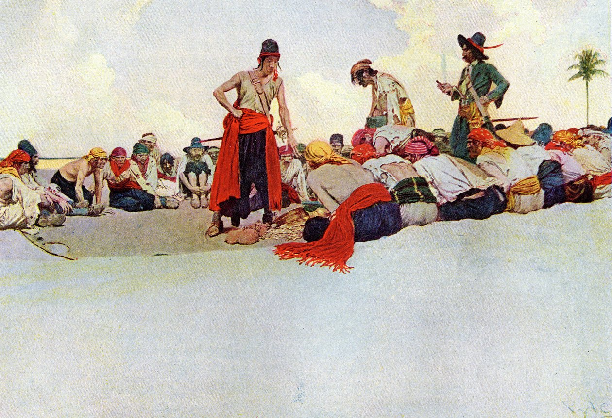 围成一圈的海盗们分享宝藏。插图来自美国插图画家霍华德-派尔（1853-1911）的《西班牙主岛的海盗和马龙人之书》。 作者 霍华德·派尔