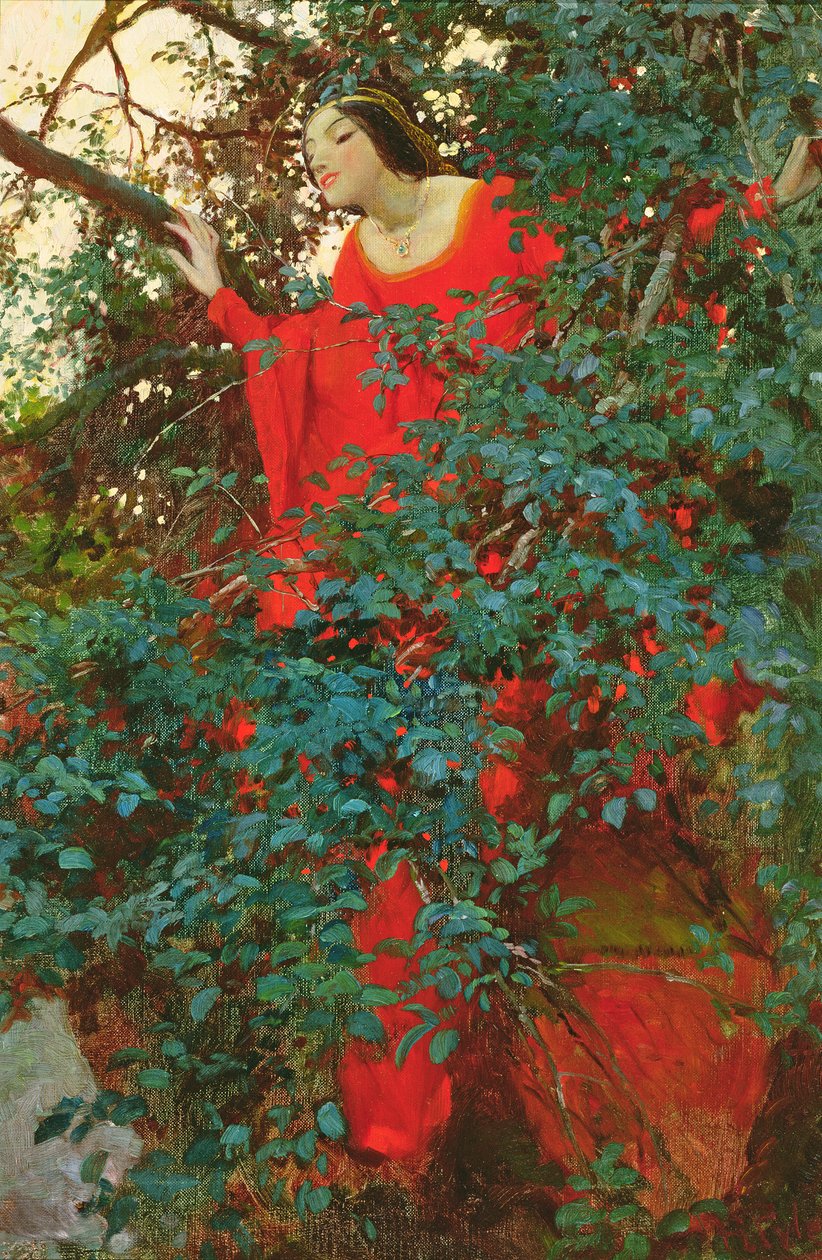 于是，她激动地看到了他，摘自詹姆斯·布兰奇·卡贝尔（James Branch Cabell，1879-1958）的《狐狸画笔》，发表于《哈泼斯月刊》，1905 年 8 月（布面油画） 作者 霍华德·派尔