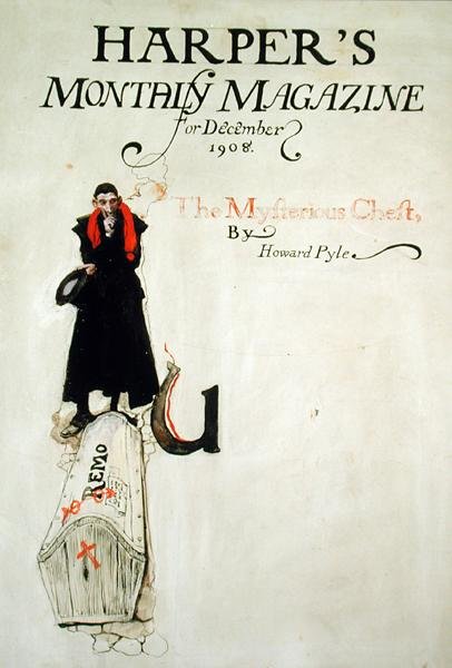 霍华德·派尔 (Howard Pyle) 的《神秘箱子》拉弦板，发表于《哈珀月刊》杂志，1908 年 12 月（钢笔、墨水和水彩纸本） 作者 霍华德·派尔