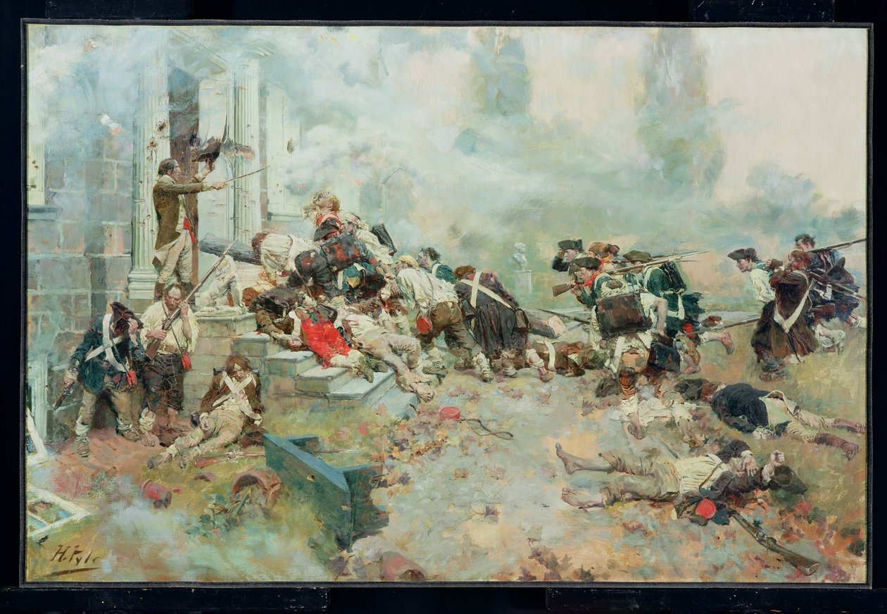 对咀嚼屋的攻击，摘自亨利·卡伯特·洛奇（Henry Cabot Lodge，1850-1924 年）的《革命的故事》，出版于《斯克里布纳杂志》，1898 年 6 月（布面油画） 作者 霍华德·派尔