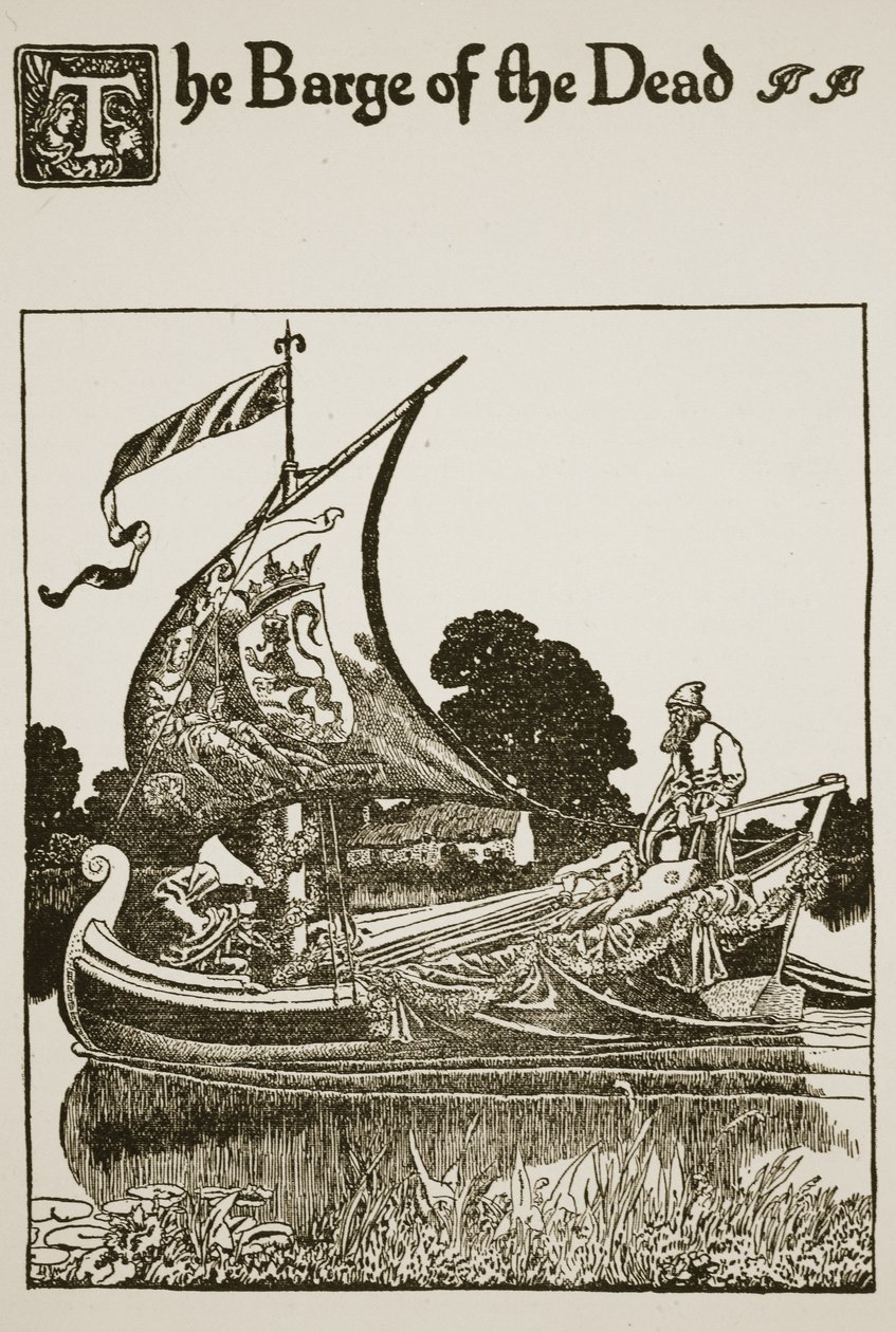 “死者的驳船”，插图来自“朗塞洛爵士及其同伴的故事”，1907年 作者 霍华德·派尔