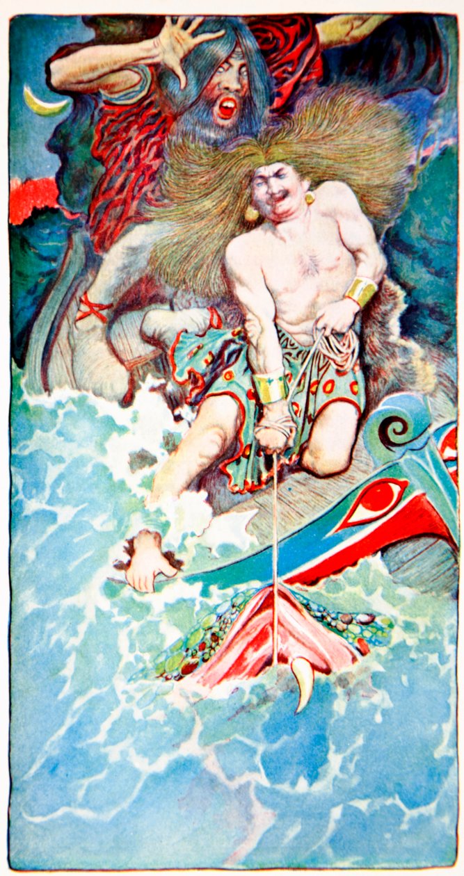 钓鱼的托尔和Hymir，来自民间传说的海，哈珀斯杂志，1902年 作者 霍华德·派尔