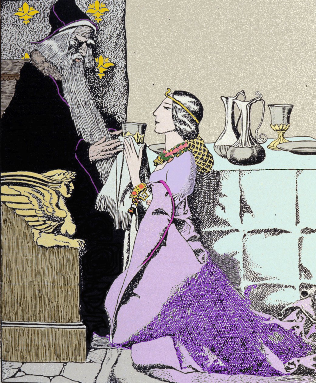 薇薇安的费用吸引了魔法师梅林。 美国插画家 Howard Pyle (1853 - 1911) 的插图 作者 霍华德·派尔