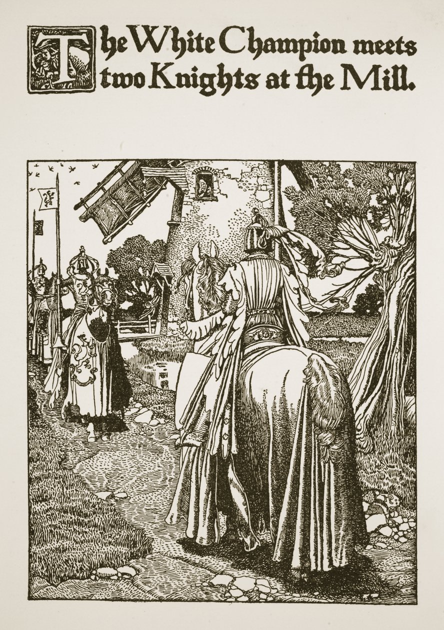 1909年，白色冠军在磨坊遇见了两位骑士，插图来自“亚瑟王的故事和他的骑士” 作者 霍华德·派尔