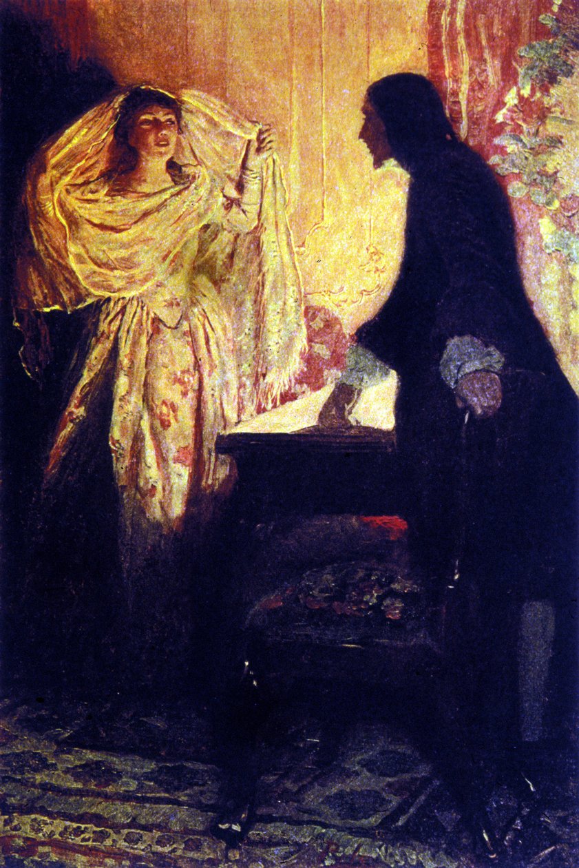 与基思船长的女儿会面。 插图来自美国插画家 Howard Pyle（1853-1911 年）的“西班牙主要的海盗海盗和 Marooners 之书” 作者 霍华德·派尔