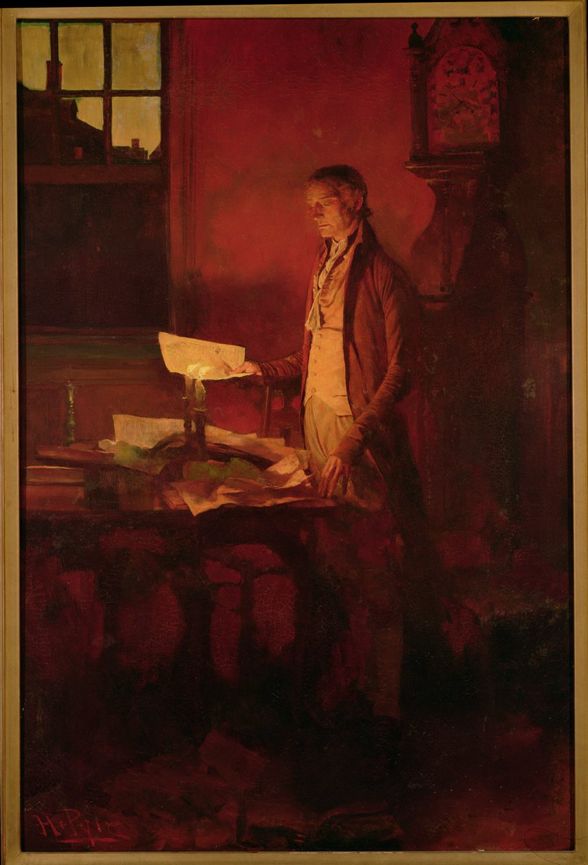 托马斯-杰斐逊撰写《独立宣言》，选自亨利-卡伯特-洛奇（1850-1924 年）的《革命的故事》，发表于 1898 年 3 月的《斯克里布纳杂志》（布面油画） 作者 霍华德·派尔