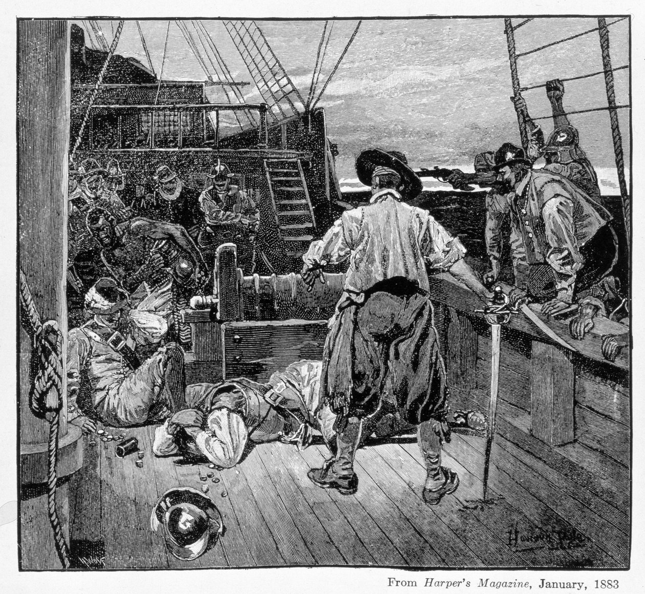 1883年，托马斯·穆恩（Thomas Moon）开始用他的剑（由亨利·沃尔夫（Henry Wolf）雕刻而成，来自哈珀杂志） 作者 霍华德·派尔