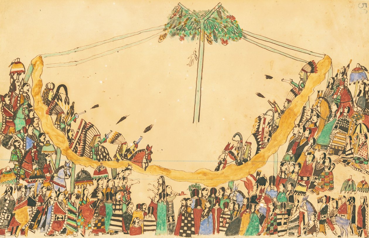战士们在开始舞蹈之前进入医学小屋，1874-75（笔，墨水和wc在分类帐纸上） 作者 Wolf叫的狼