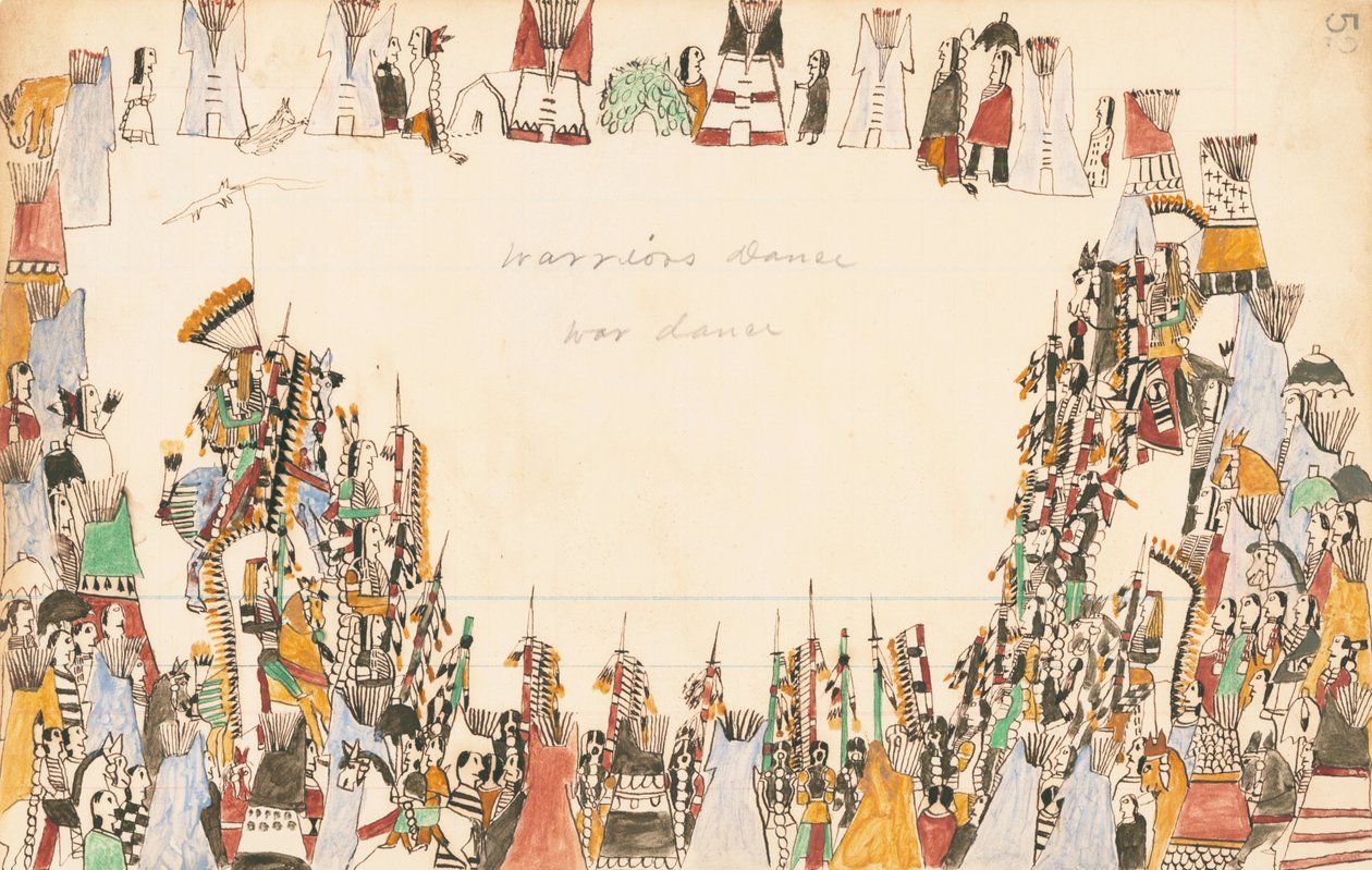 勇士舞蹈战争舞蹈，1874-75（笔，墨水和厕所分类帐纸） 作者 Wolf叫的狼