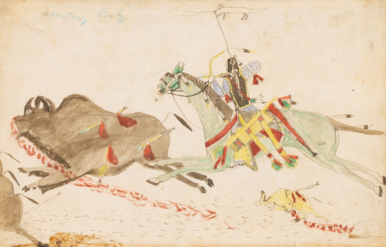 咆哮狼狩猎布法罗，1874-75（笔，墨水和wc在分类帐纸上） 作者 Wolf叫的狼