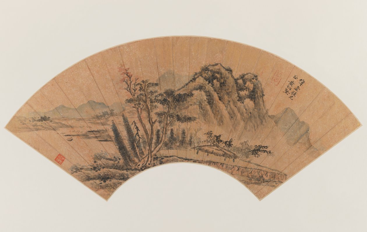扇面上的山水画（金箔纸上的水墨和色彩） 作者 向健煌
