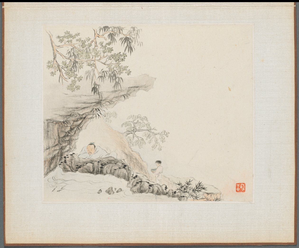 古诗插图山水画集》：  一个男人躺在岩石悬崖下，一个男孩站在他的右边 作者 华岩