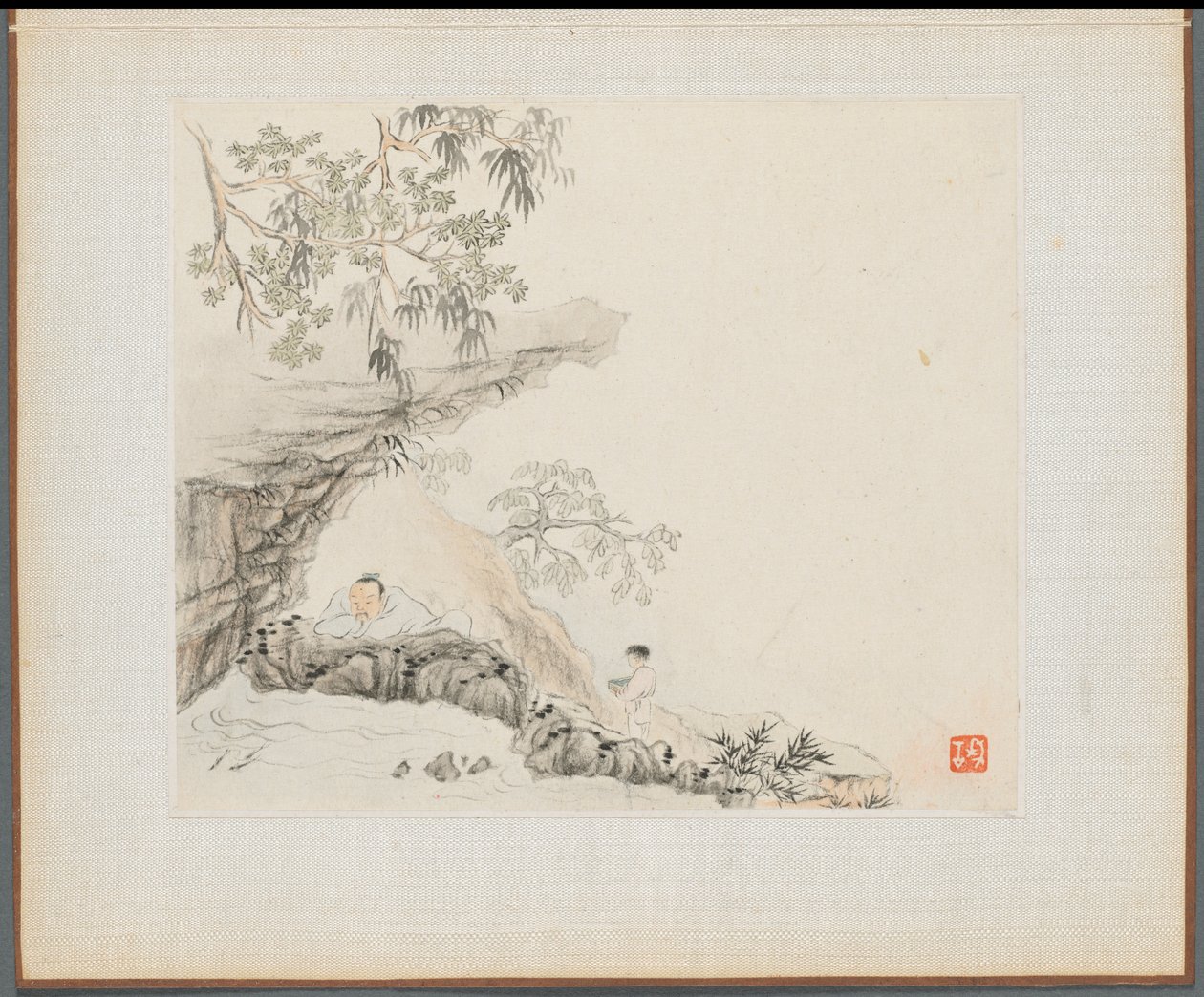 山水画集，描绘古诗集：1700年代，一个人躺在岩石悬垂处。 作者 华岩