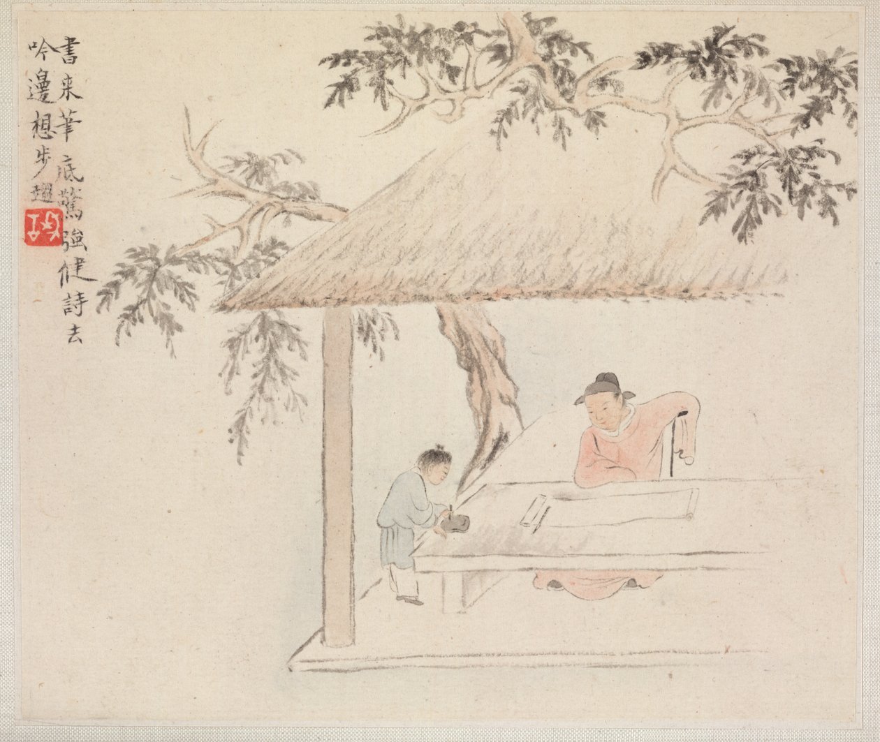 山水画集，描绘古诗：一个男人坐在一张桌子上，1700年代。 作者 华岩