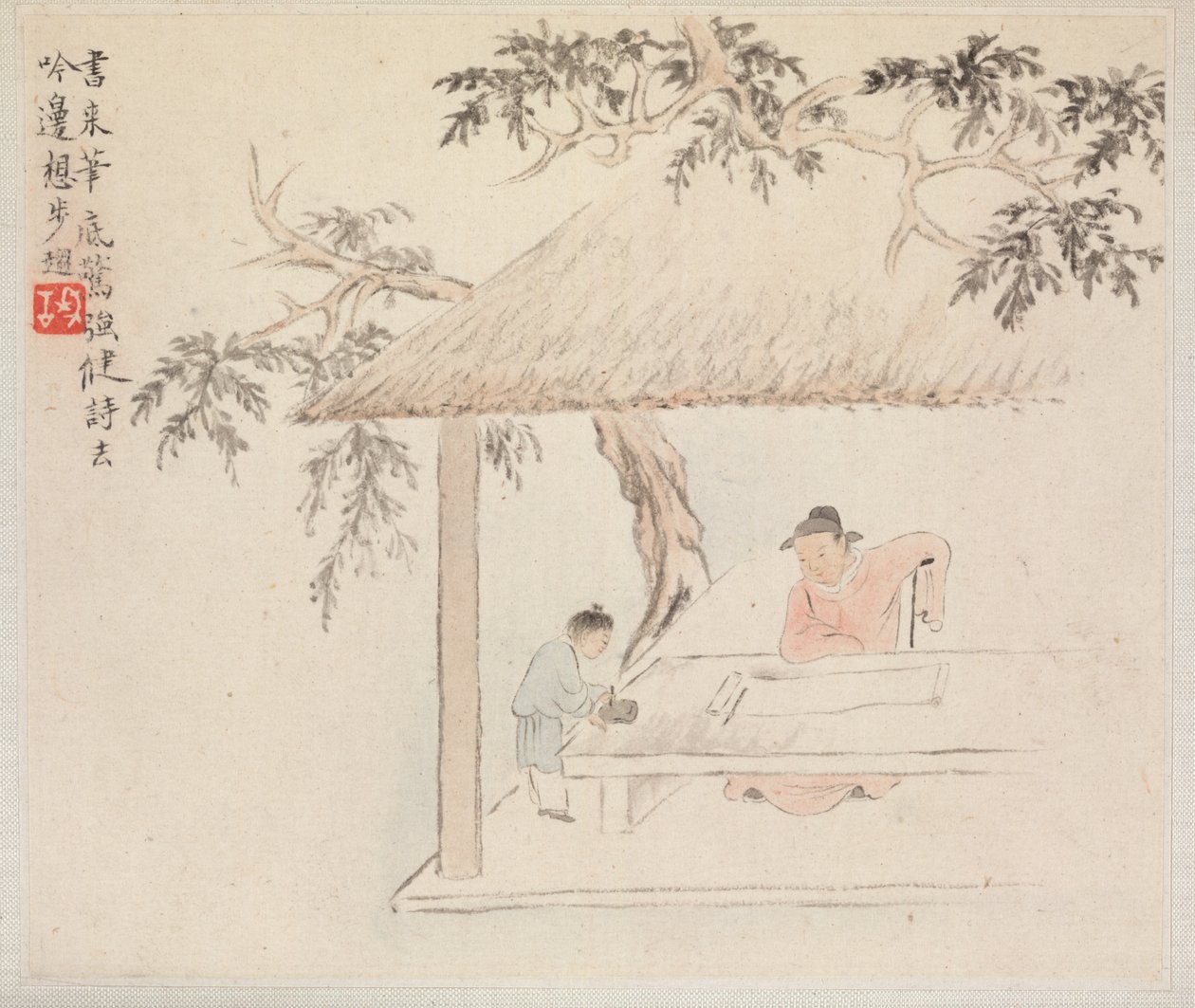 古诗插图山水画册》：一个人坐在桌前，面对打开的卷轴；一个男孩在调墨 作者 华岩