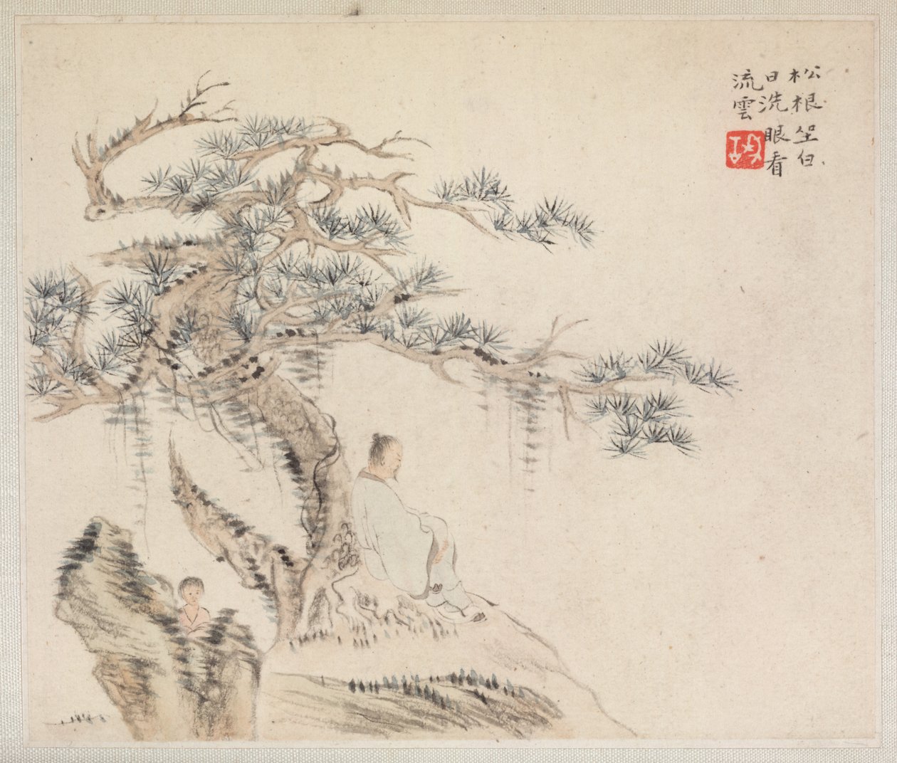 山水画集，描绘古诗：一位老人坐在一棵松树下，1700年代。 作者 华岩