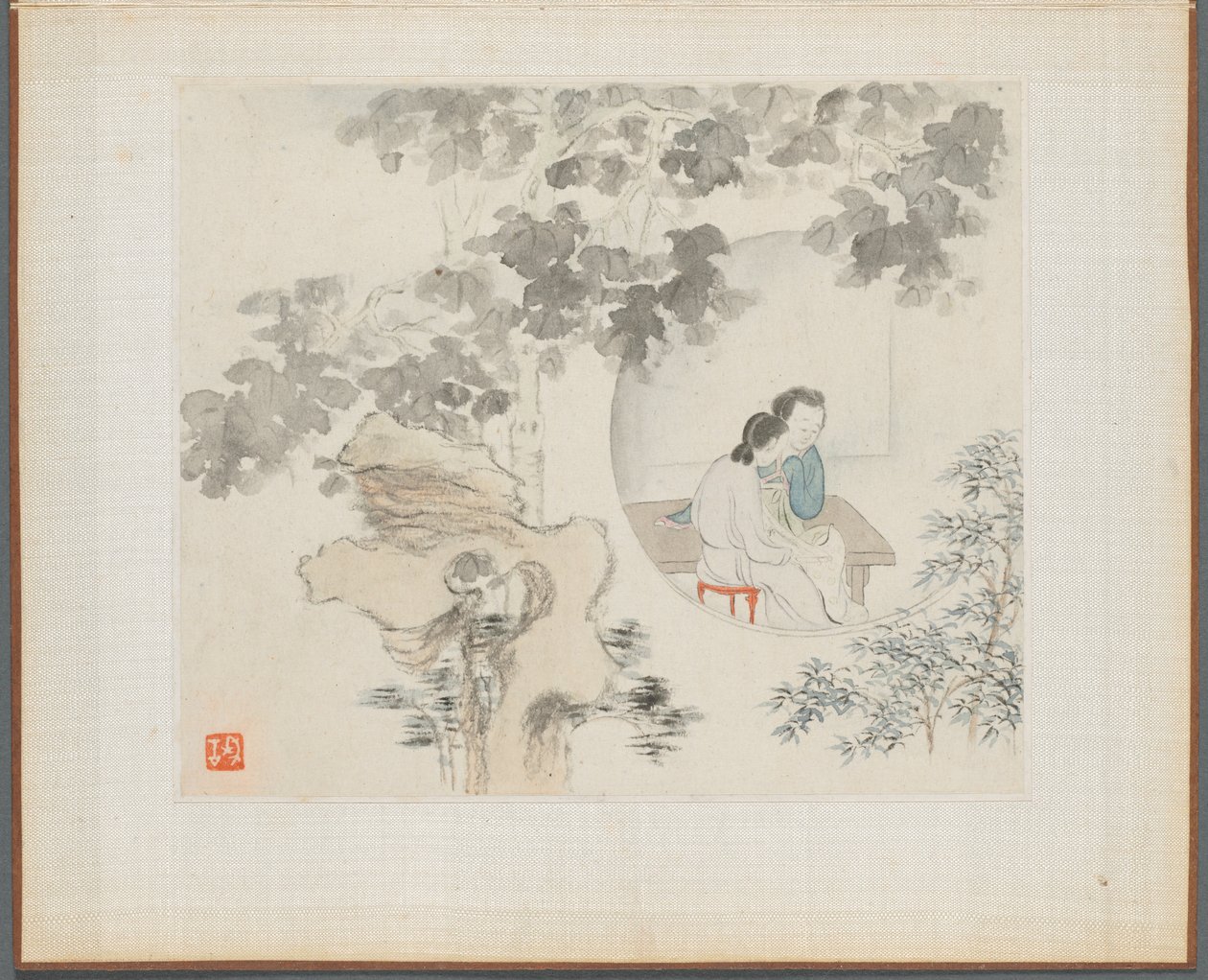 古诗插图山水画册》：山水画中可见的圆圈内的桌旁坐着两位女子 作者 华岩