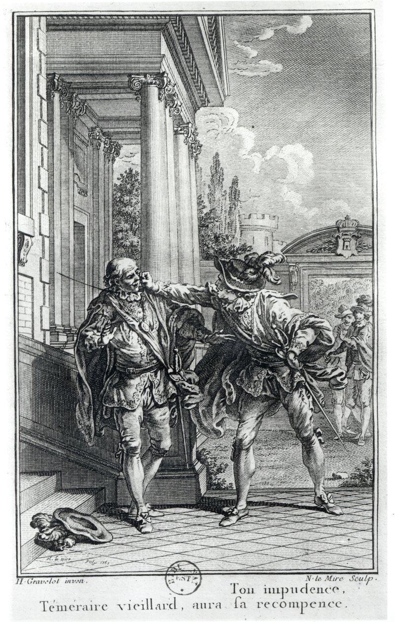 战斗场景，插图&39;Le Cid&39;（1637）由Pierre Corneille（1606-84）雕刻，Noel Le Mire（1724-1800）1762 作者 休伯特·弗朗索瓦·格雷夫洛