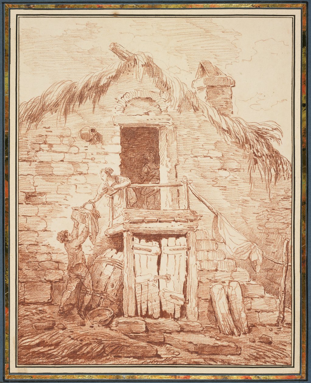 石头小屋，c.1774（白色纸上的蜡笔） 作者 休伯特·罗伯特