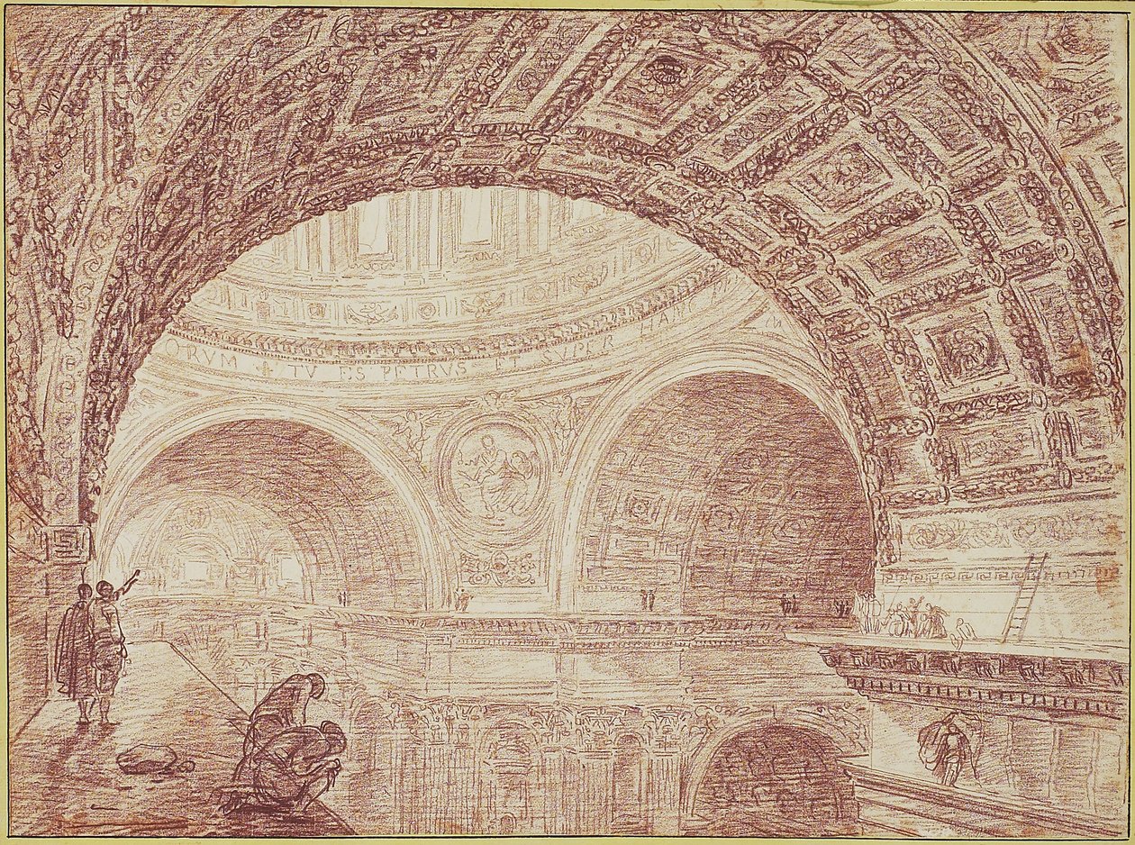 从上部檐口采取的圣彼得的拱顶的看法，c.1763（在被放置的纸的红色白垩） 作者 休伯特·罗伯特