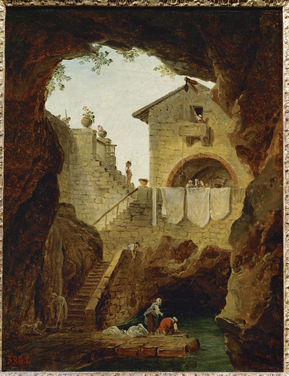 Lavandieres.La fontaine sous la grotte.洗衣女工石窟中的喷泉... 作者 罗伯特·休伯特（圈子）