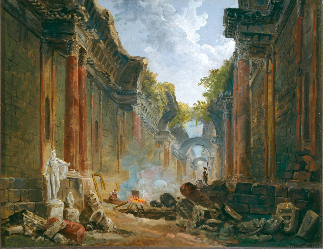 Vue imaginaire de la Grande Galerie en ruine - 废墟中的大画廊想象图... 作者 罗伯特·休伯特（圈子）