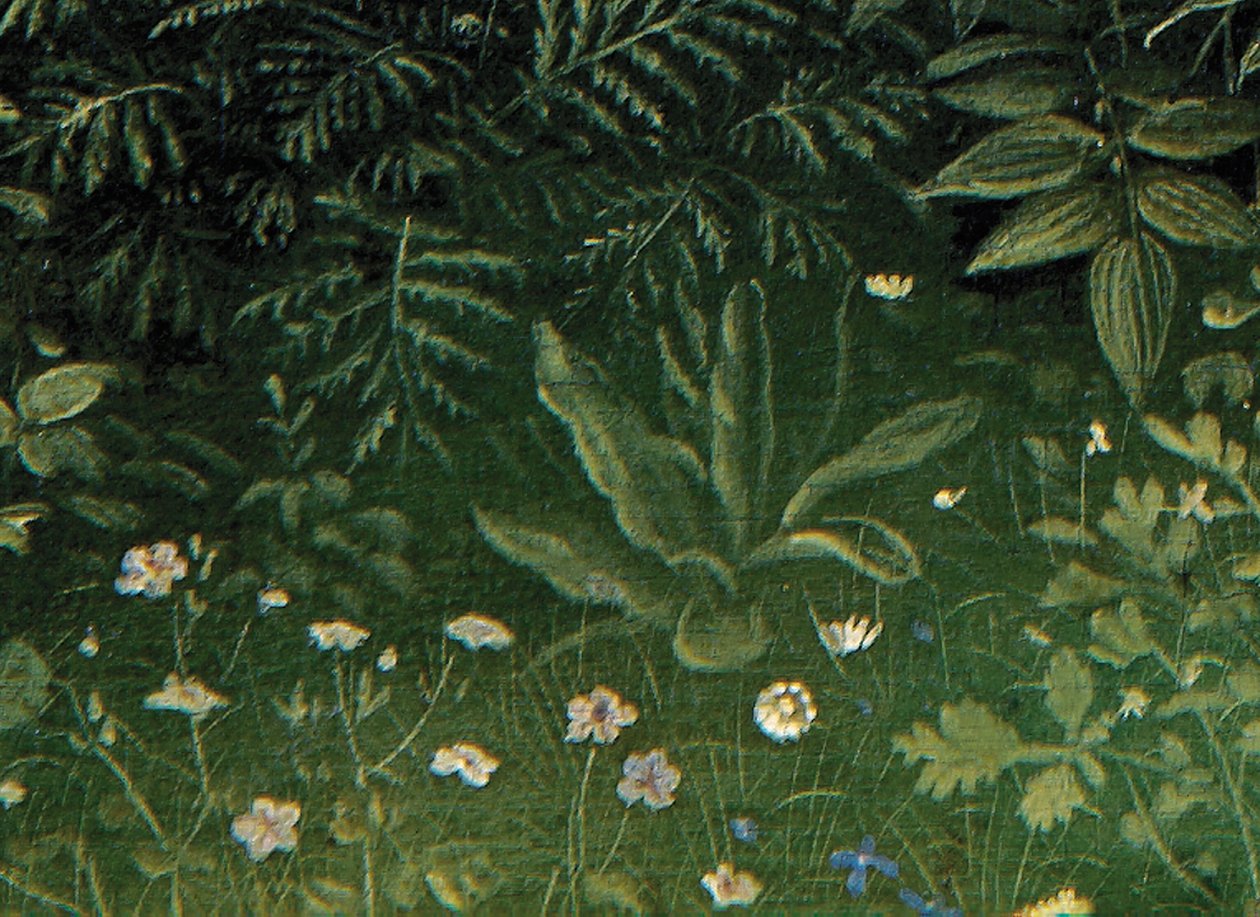 神秘羔羊的崇拜》细部，选自根特祭坛壁画的中心面板（板上油画） 作者 休伯特和简范 (1390 1441) 艾克