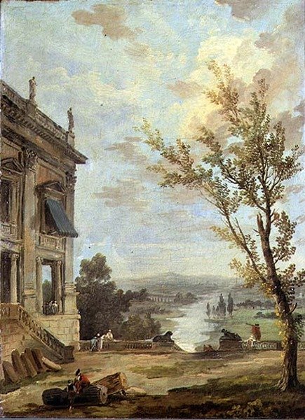 Capriccio 意大利风格的风景，有Capitoline Palazzo Nuovo和露台上的绅士，外面是一条河。 作者 休伯特·罗伯特