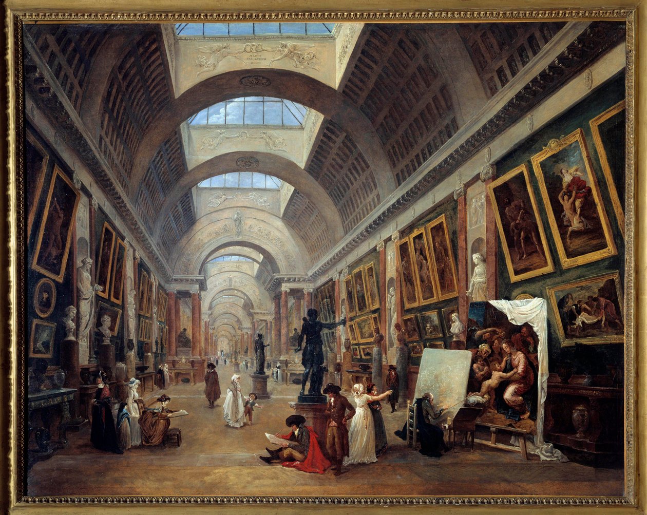 卢浮宫大画廊的设计 Hubert Robert (1733-1808) 1796 年画作 1,12x1,43 m。 - 为卢浮宫的 Grande Galerie 设计。 休伯特·罗伯特 (1733-1808) 的绘画 作者 休伯特·罗伯特