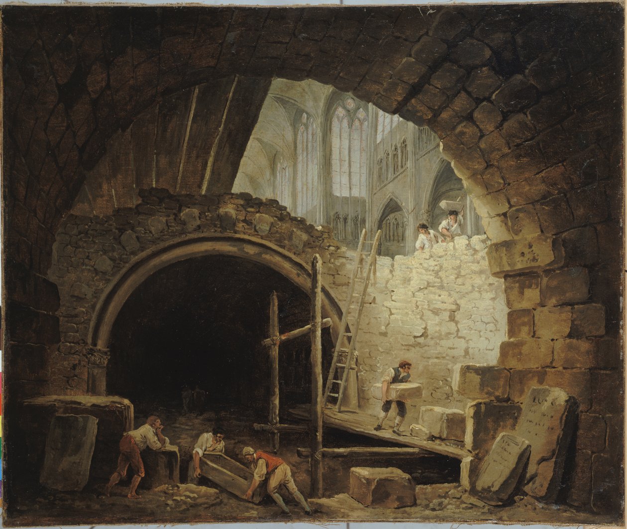 法文：La Violation des caveaux des rois dans la basilique de Saint-Denis, en octobre 1793 年 10 月圣丹尼大教堂皇家陵墓遭劫，1793 年 10 月 作者 休伯特·罗伯特