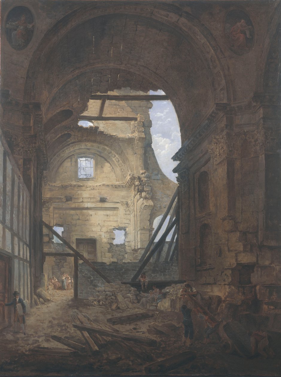 法语: La chapelle de la Sorbonne avec la voûte de la nef effondrée 残破的索邦大学教堂 作者 休伯特·罗伯特